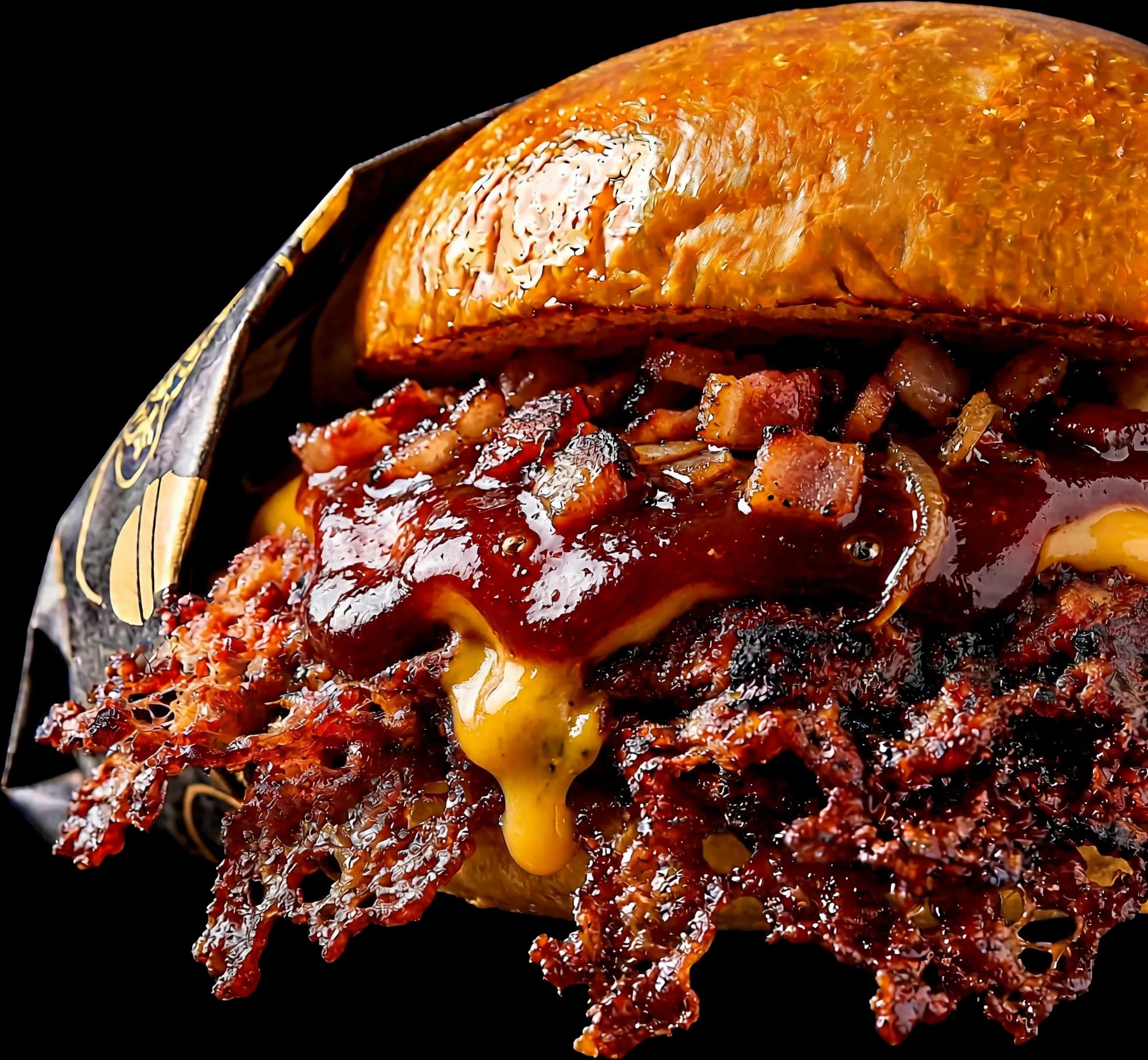 BBQ Bacon Burger: Double Smashed Beef, Double American Cheese, Pickles, Ketchup, Senf, Zwiebelwürfel