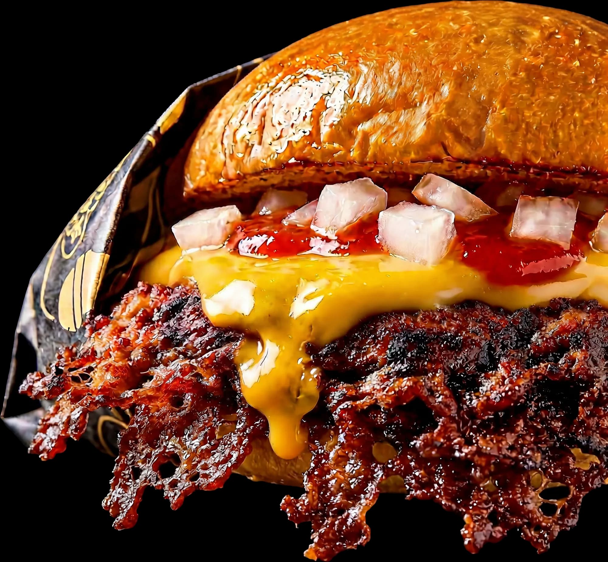 Double Cheese Burger: Double Smashed Beef, Double American Cheese, Pickles, Ketchup, Senf, Zwiebelwürfel