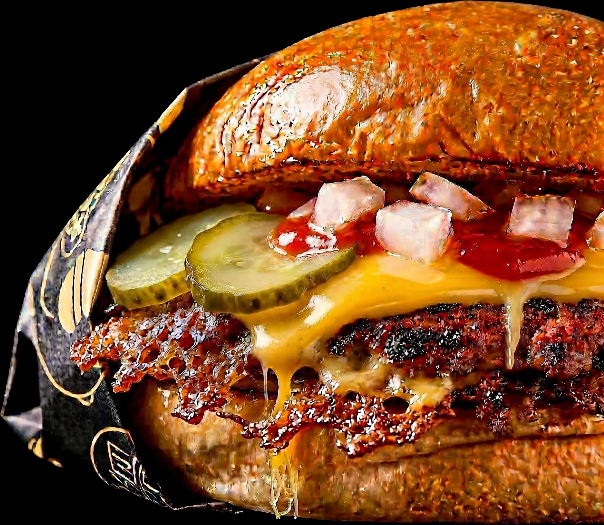 Veggie Burger: Vegan Beef, American Cheese, Pickles, Ketchup, Senf, Zwiebelwürfel
